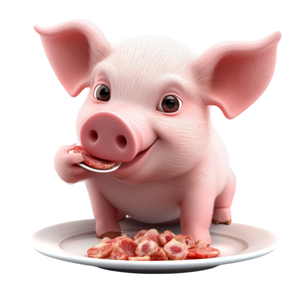 3D Pig Eating Meat on Plate png