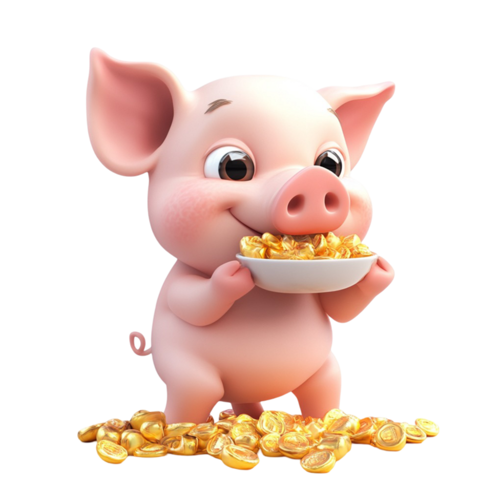 3D Pig with Meat on Plate, Enjoying a Meal png
