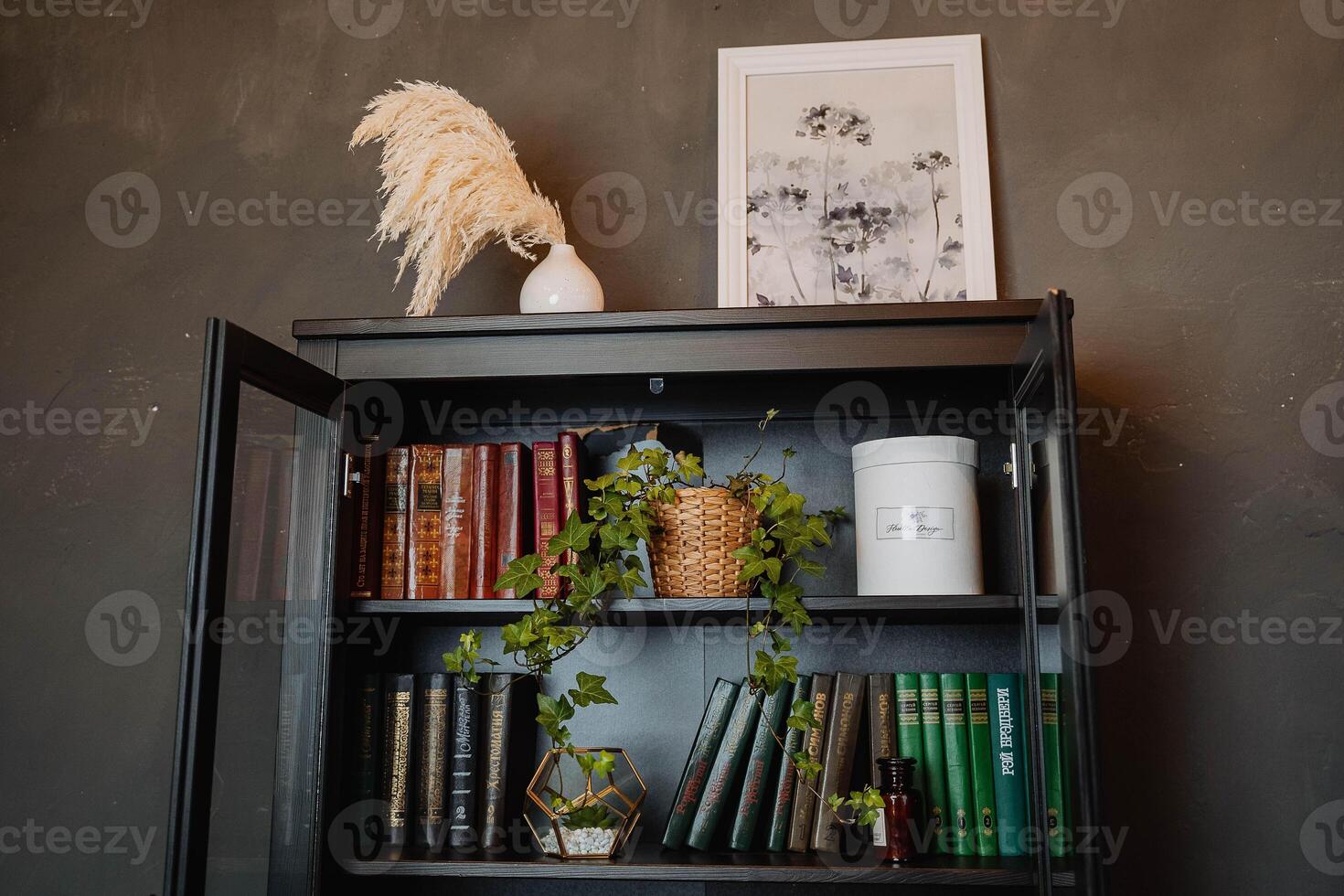 A black bookcase with books and plants on it photo