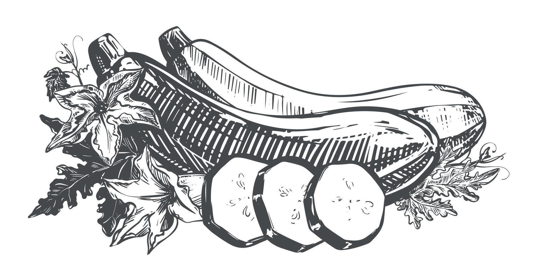 composition with squash. Ripe vegetable, leaves, flowers, pieces in engraving technique. Zucchini sketch in ink on white background. Clipart for farm product design. vector