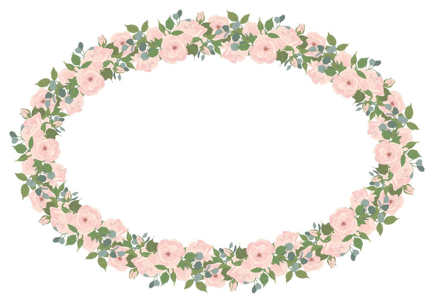 Oval frame of light pink roses and eucalyptus branches. Composition of beautiful flowers, buds, leaves isolated on background. floral illustrations in flat style for wedding invitations, cards vector