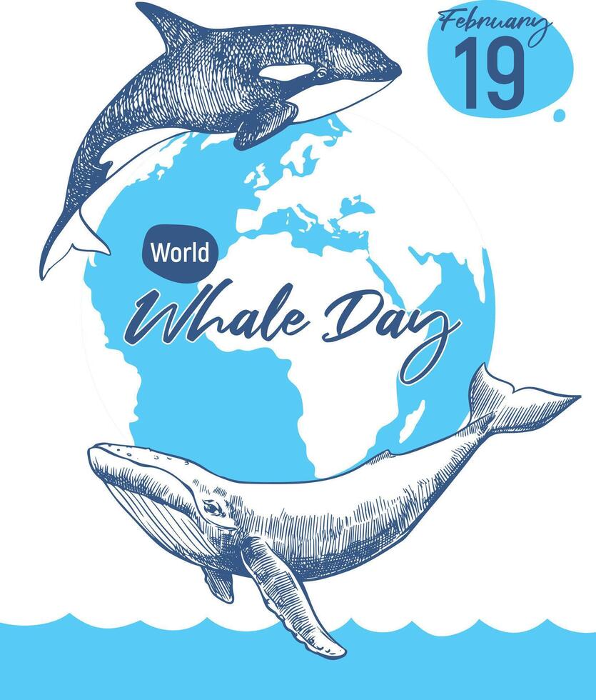 Vertical banner for Whale Day, February 19, 2025. linear drawing of marine mammals against the background of planet Earth. Concept of the problem of preserving animal diversity in the ocean. vector