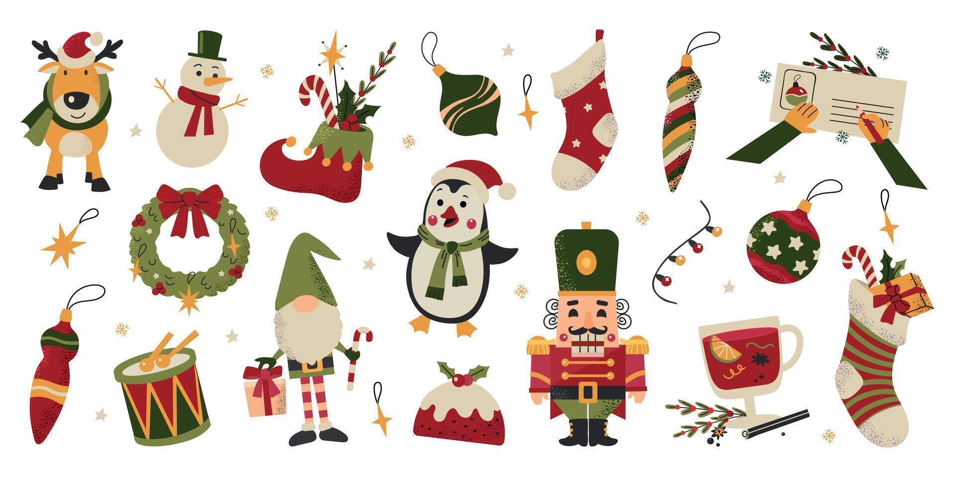 Large set collection of winter Christmas New Year elements. Nutcracker, gnome, deer, decor, pudding, socks, snowman, penguin vector