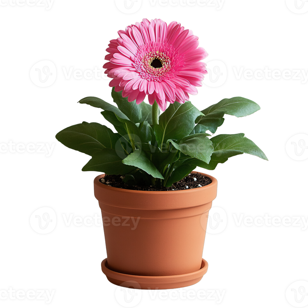 Elegant Pink Gerbera Daisy with Dark Green Leaves Growing in Natural Terracotta Container Isolated png