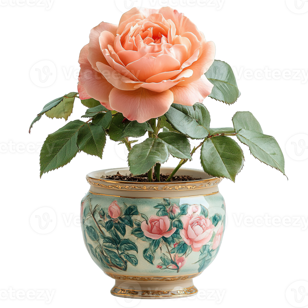 Fresh Pink Garden Rose In Ornate Turquoise Pottery Isolated on Transparent Background png