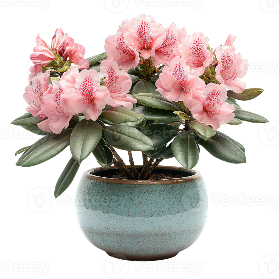Elegant Pink Rhododendron with Dark Green Leaves in Blue Glazed Pottery Pot png