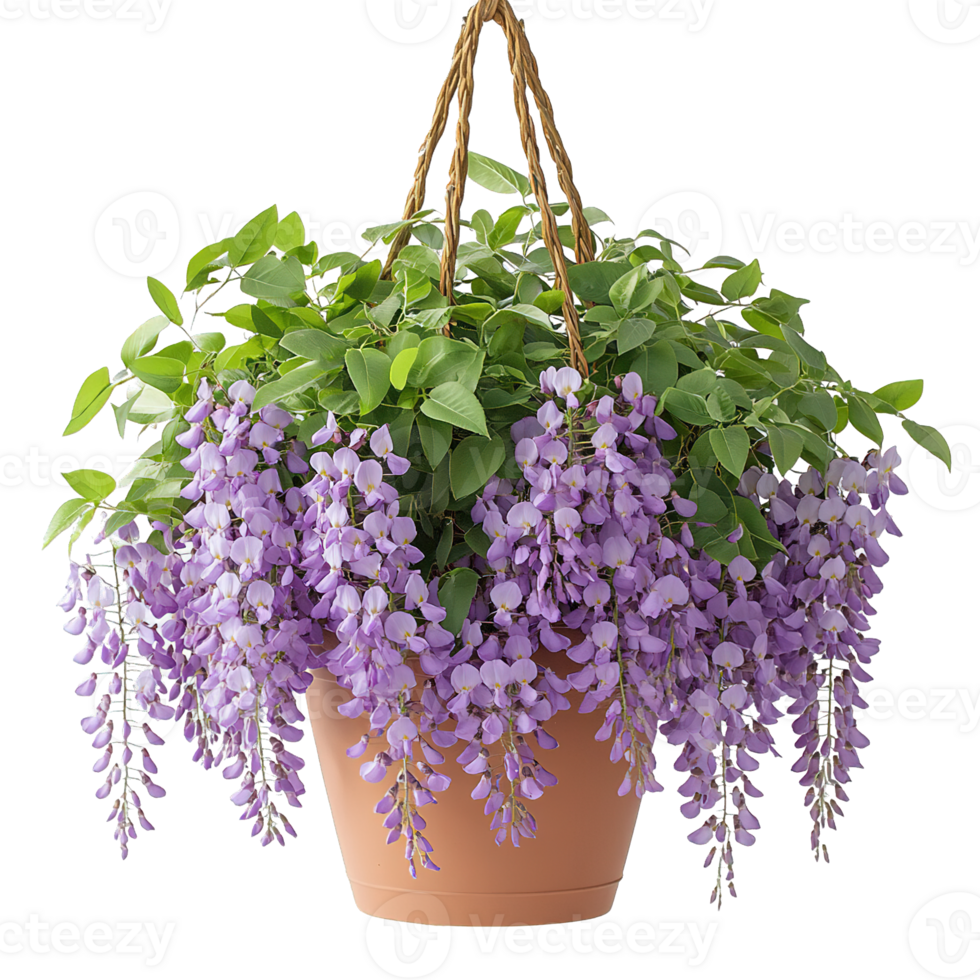 Purple Wisteria Plant Overflowing from Hanging Pot Isolated png