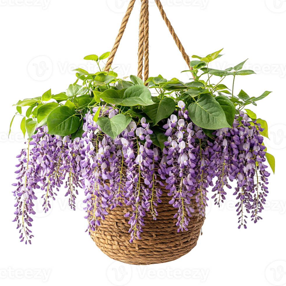 Purple Wisteria Plant Trailing from Hanging Basket Isolated on Transparent Background png