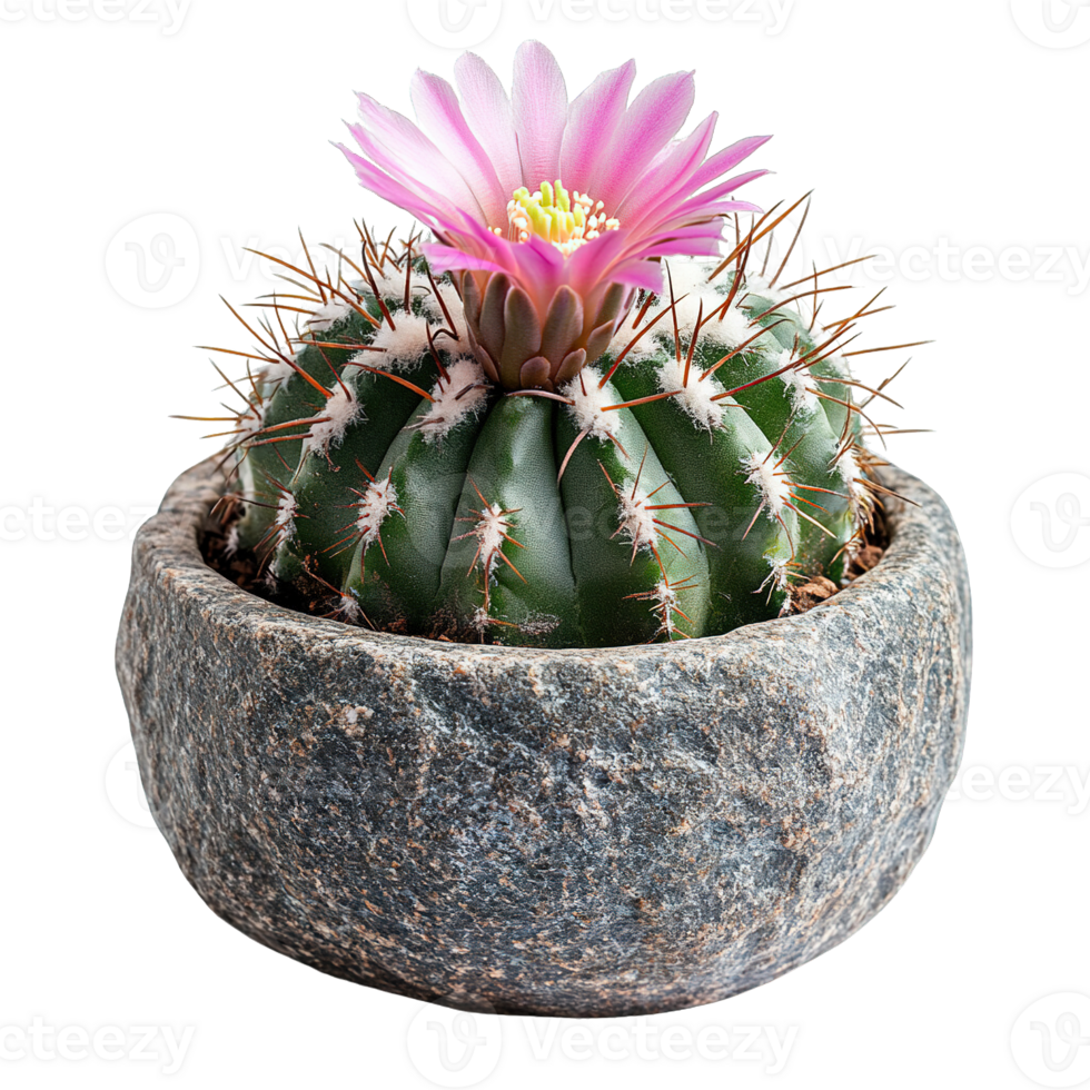 Majestic Barrel Cactus with Pink Blossom in Weathered Gray Stone Planter png