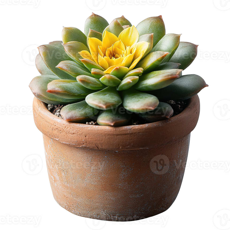 Minimalist Succulent with Yellow Flower in Earthen Planter png