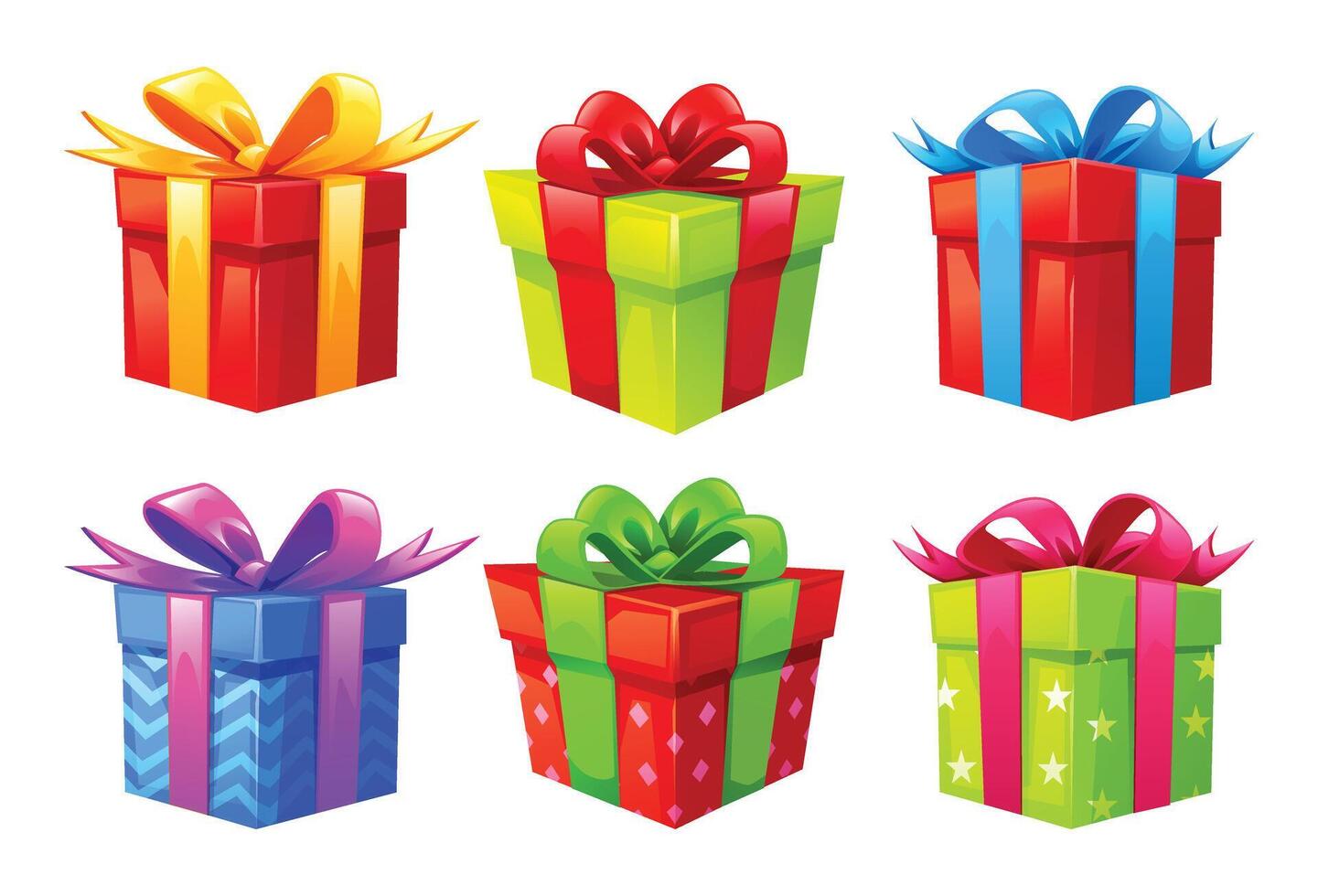 Set of colorful presents with bows and ribbons in various wrapping styles. Cartoon illustration vector