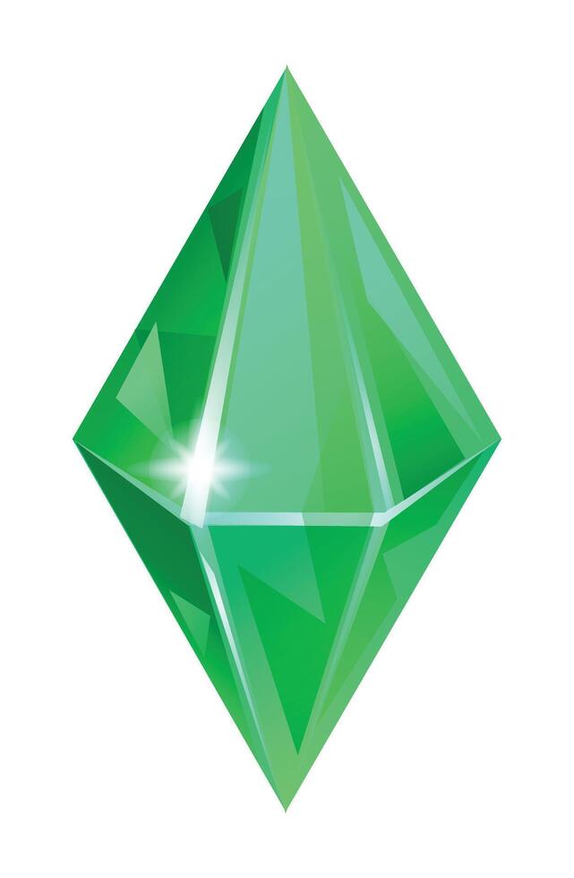Green diamond shaped gemstone with sharp facets and bright shine. Cartoon illustration vector
