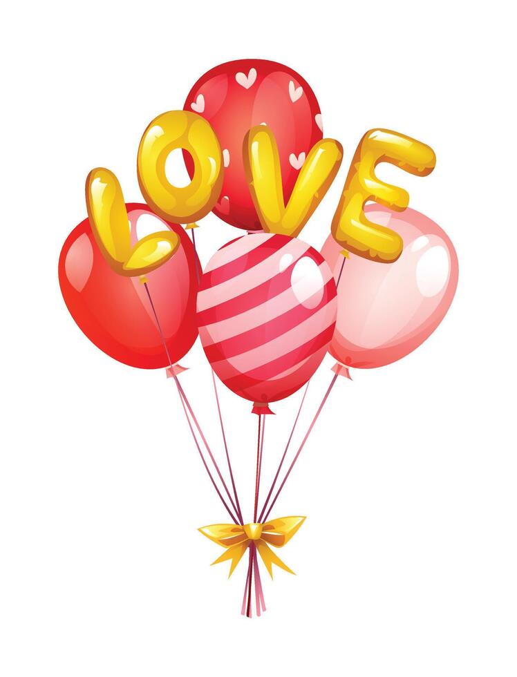 Cluster of red, pink, and striped balloons with LOVE letters tied with a ribbon. cartoon illustration vector