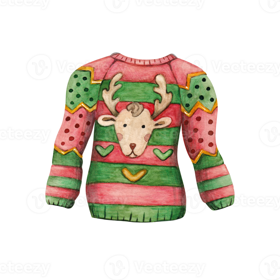 Watercolor illustration of an ugly Christmas sweater with a deer head. png