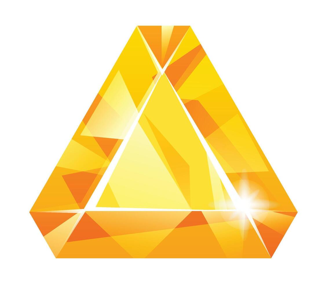 Triangular gemstone with geometric facets, glowing with radiance. Cartoon illustration vector