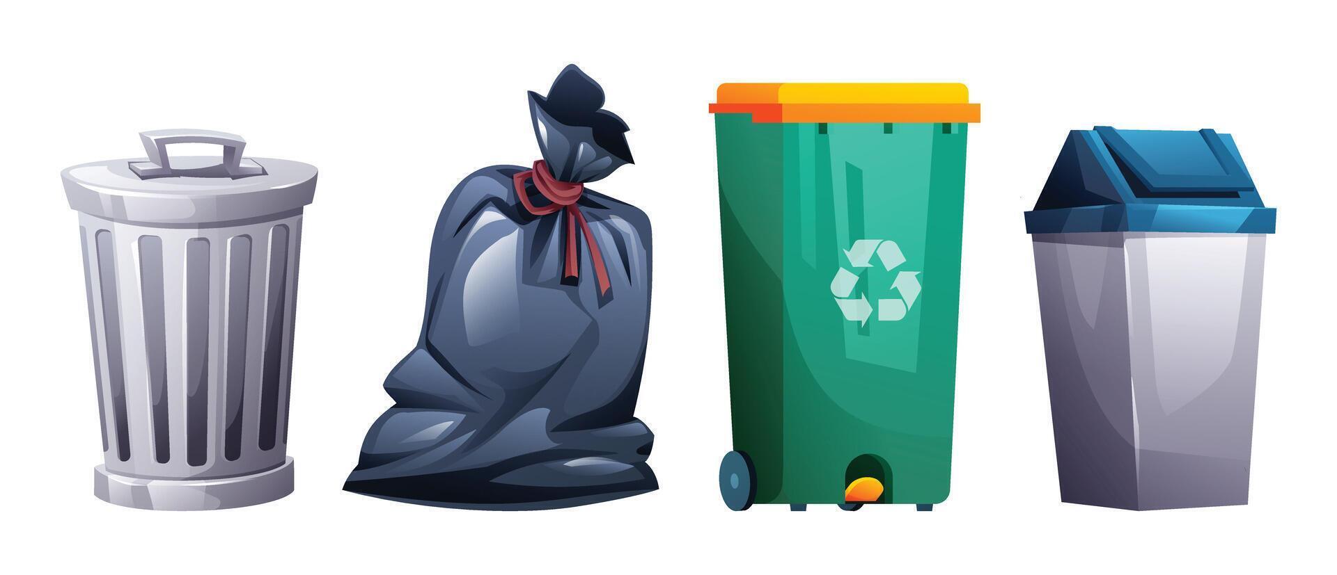 Set of trash bins including metal, plastic, recycling, and tied bags for waste disposal. Cartoon illustration vector