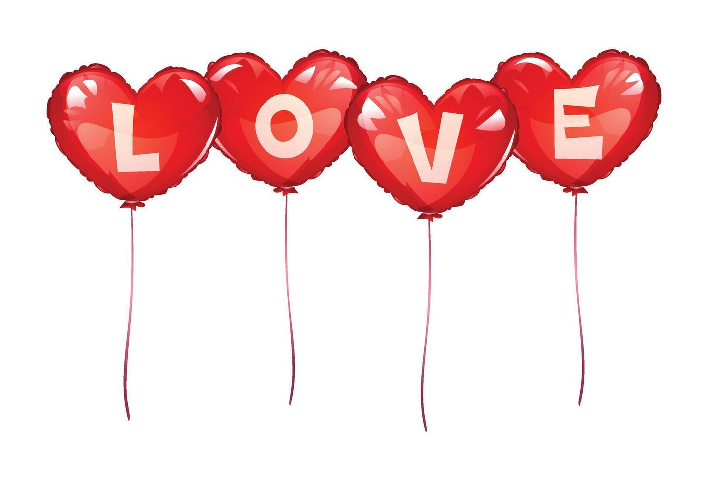 Red heart balloons with letters spelling LOVE on strings, creating a romantic display. cartoon illustration vector