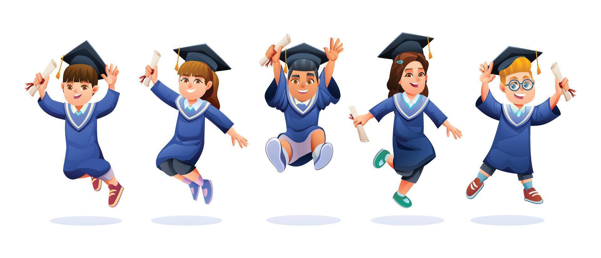 Five kids in graduation gowns and caps, holding diplomas and jumping with excitement. Cartoon character illustration vector