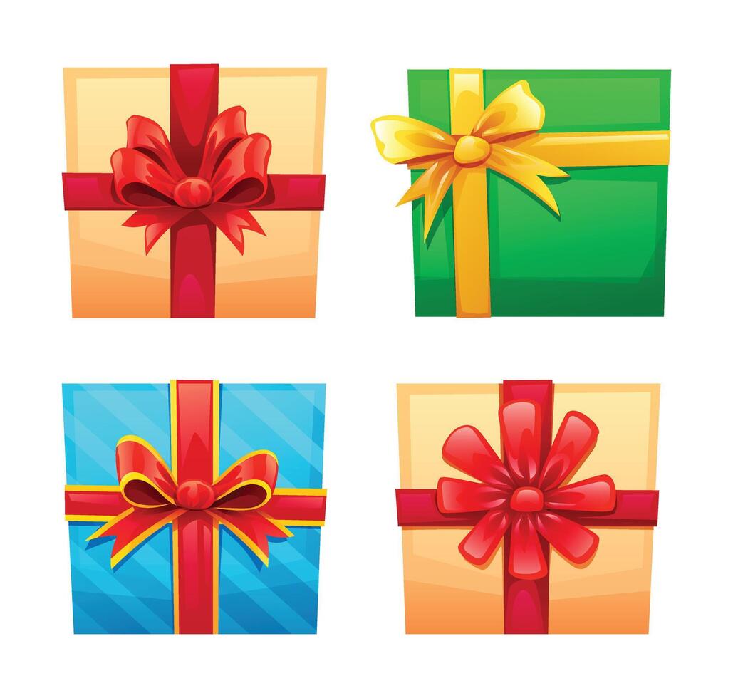 Set of gift boxes with ribbons and bows in various colors. Cartoon illustration vector