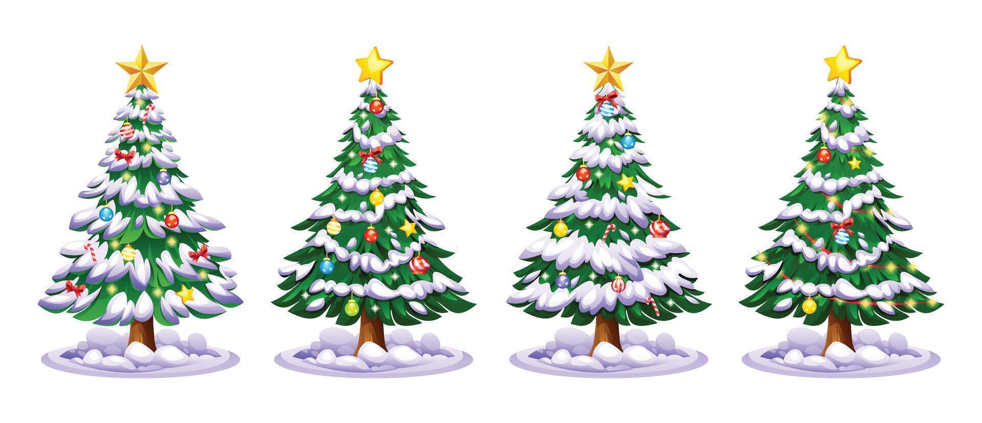 Set of snowy Christmas trees decorated with ornaments and stars in a winter scene. Cartoon illustration vector
