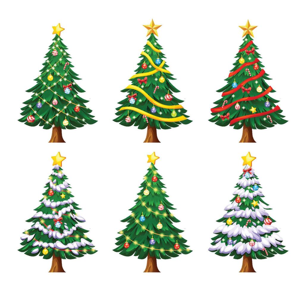 Collection of decorated Christmas trees with ornaments, garlands, and stars on top. Cartoon illustration vector