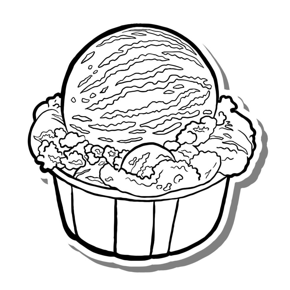 Ice Cream Cup Outline on white silhouette and gray shadow. Hand drawn cartoon style. illustration for decorate and any design. vector