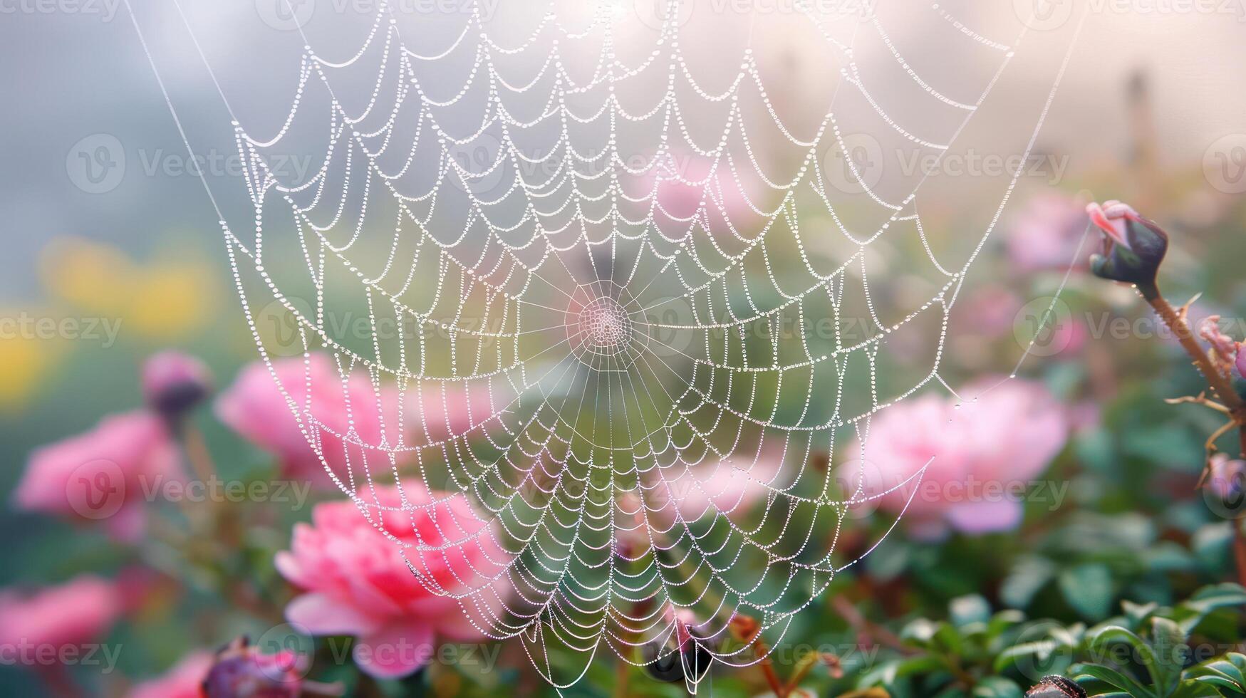 A spider web covered in morning dew, with pink roses blurred in the background. photo