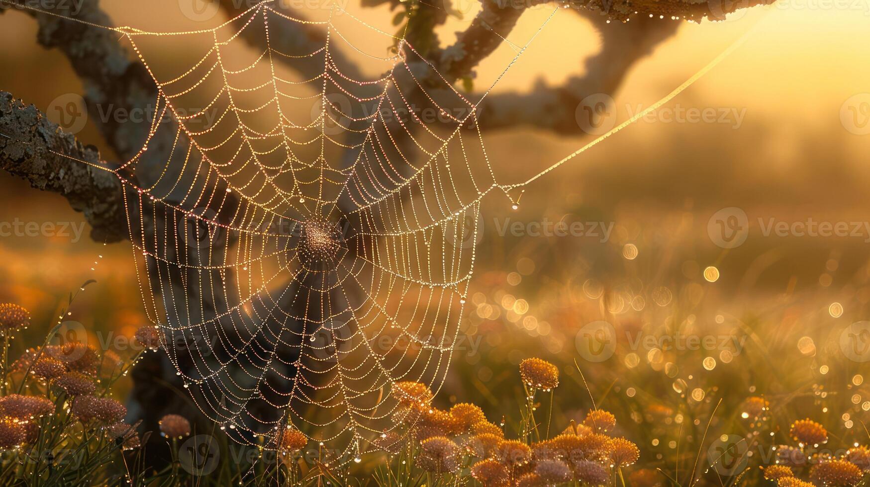 A spider web covered in dew hangs from a tree branch in a field of wildflowers at sunrise. photo