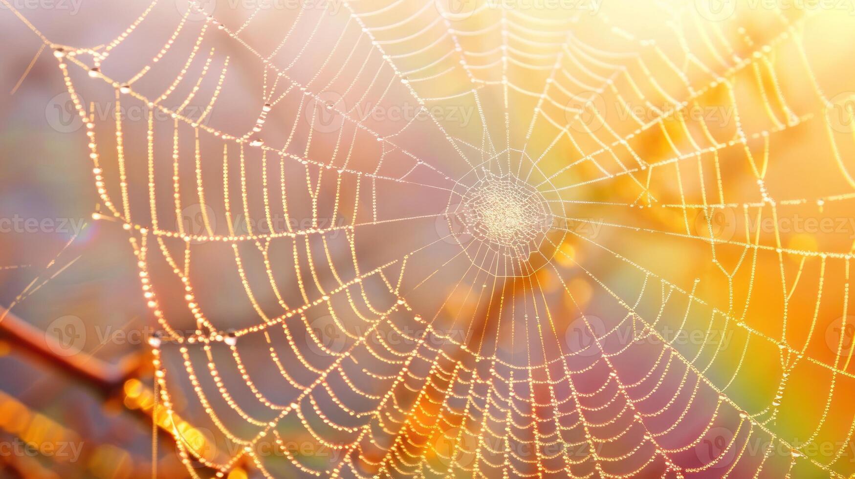 A spider web covered in dew drops, with a blurry background of colorful foliage. photo