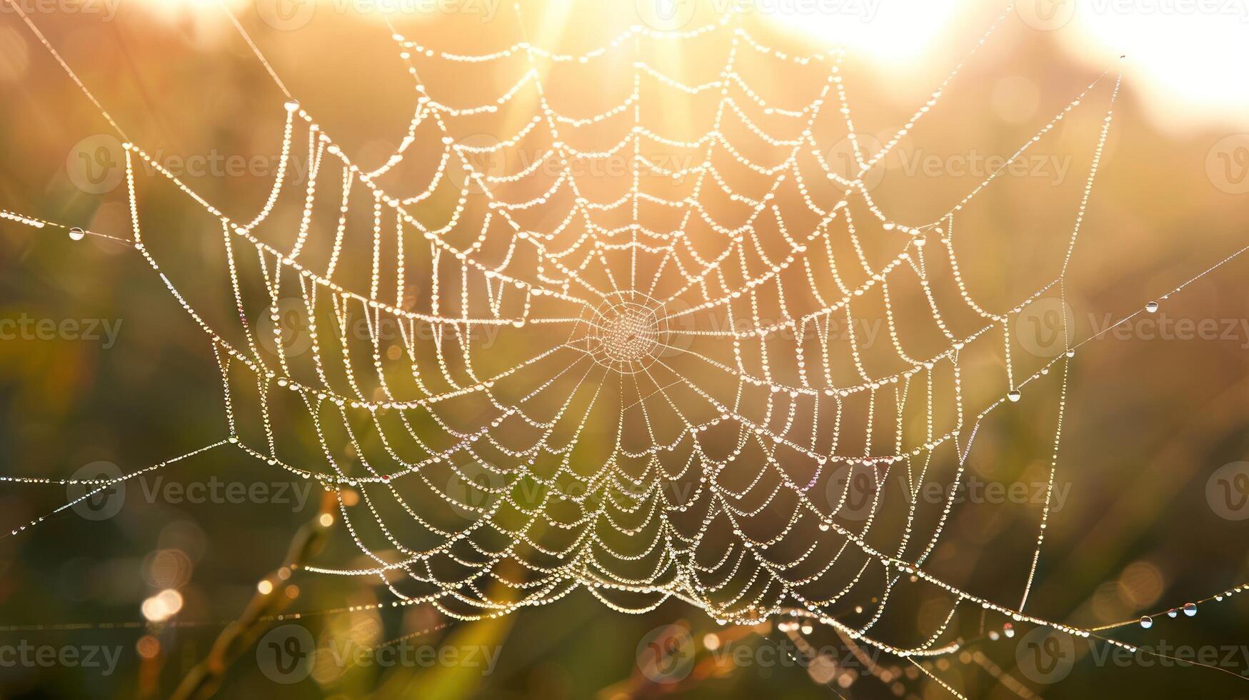 A spider web with dew drops glistening in the sunlight, creating a delicate and intricate pattern. photo