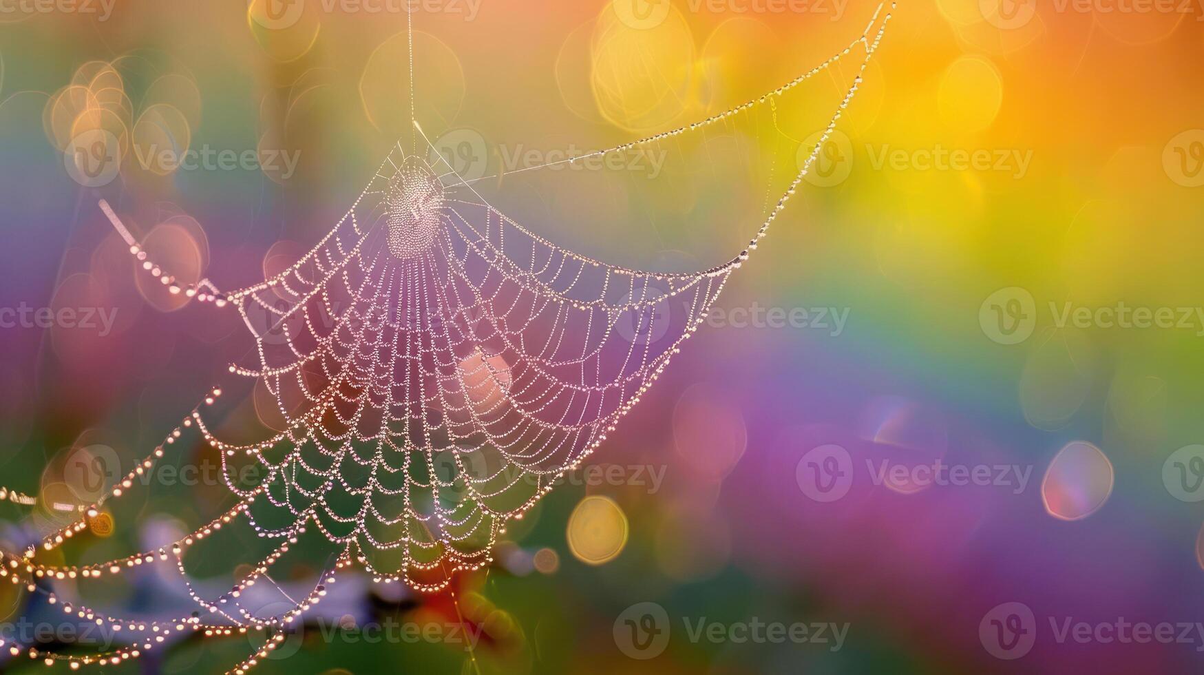A spider web with dewdrops on a colorful blurred background. photo