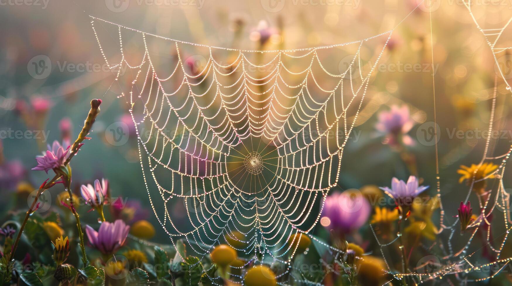 A spider web covered in morning dew with a blurred background of wildflowers. photo