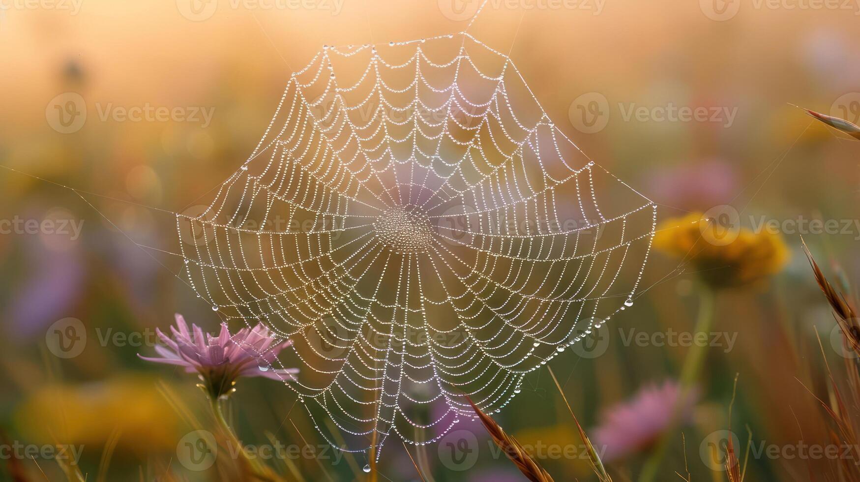 A spiderweb covered in morning dew hangs between wildflowers in a field, with the sun shining through the delicate strands. photo