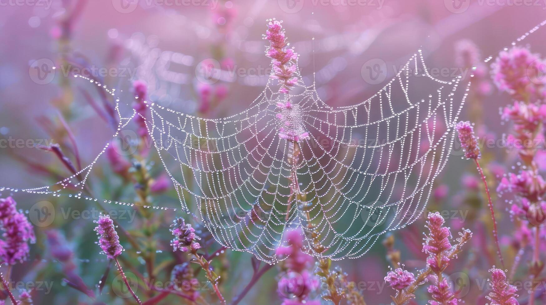 A delicate spiderweb with dew drops, stretched between pink wildflowers in a soft, dreamy light. photo