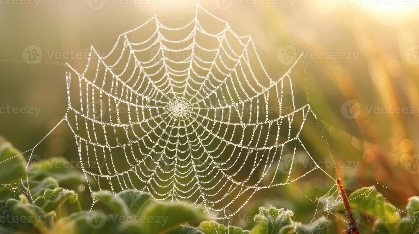 A spider web glistening with morning dew in a field of grass. photo