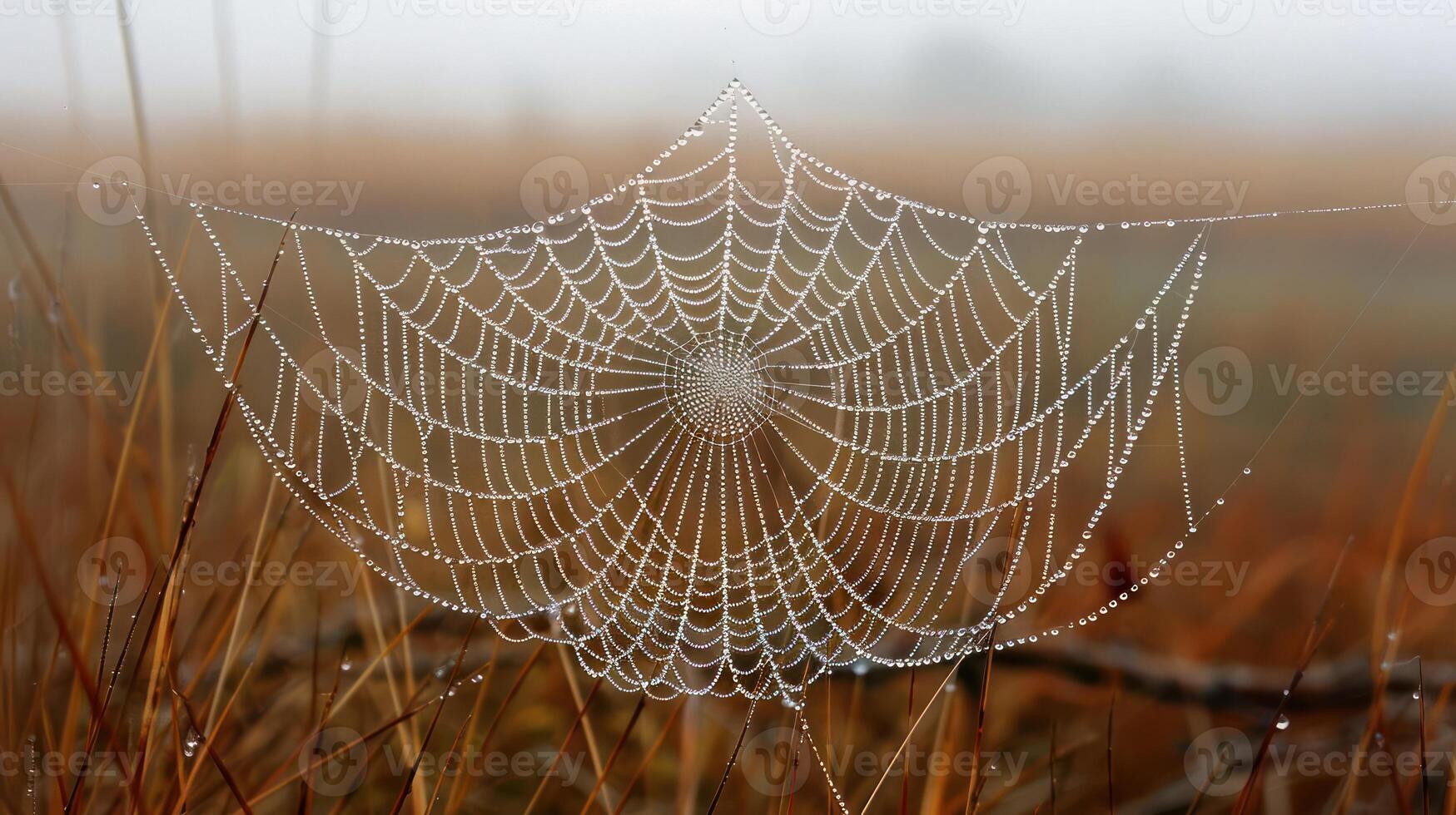 A spiderweb covered in dew drops, with a blurred background of dry grass and fog. photo