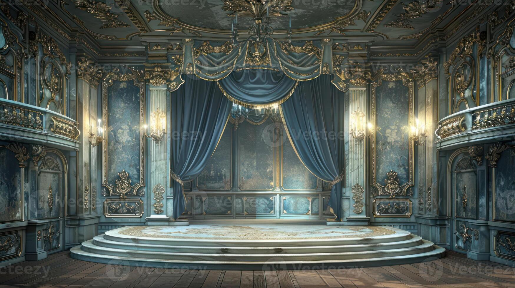 A grand, ornate stage with blue velvet curtains in a lavishly decorated ballroom. photo