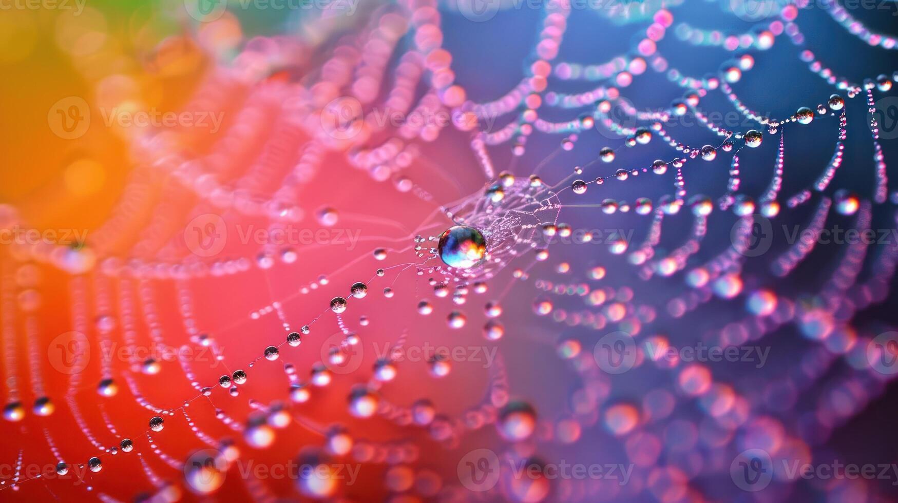 A close-up of a spider web with dew drops on it against a rainbow background. photo