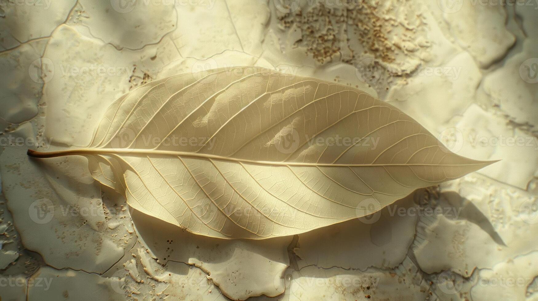Single, pale, dry leaf with visible veins, lies on a textured surface. The leaf is illuminated by a soft, dappled light, casting subtle shadows. photo