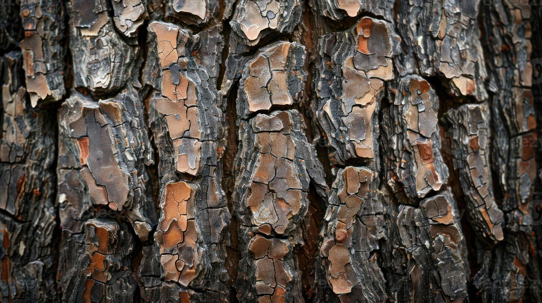 Close-up of rough, textured tree bark with deep cracks and a natural, earthy color. photo