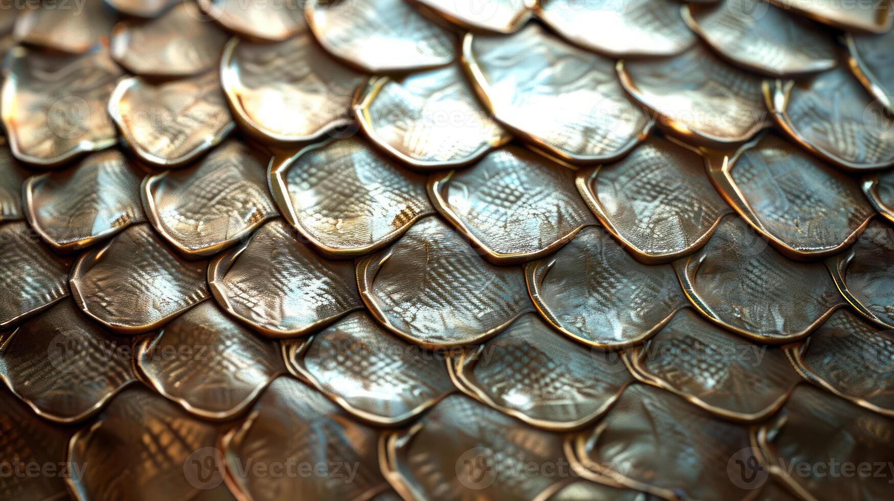Close-up of metallic, overlapping scales with a subtle sheen. photo