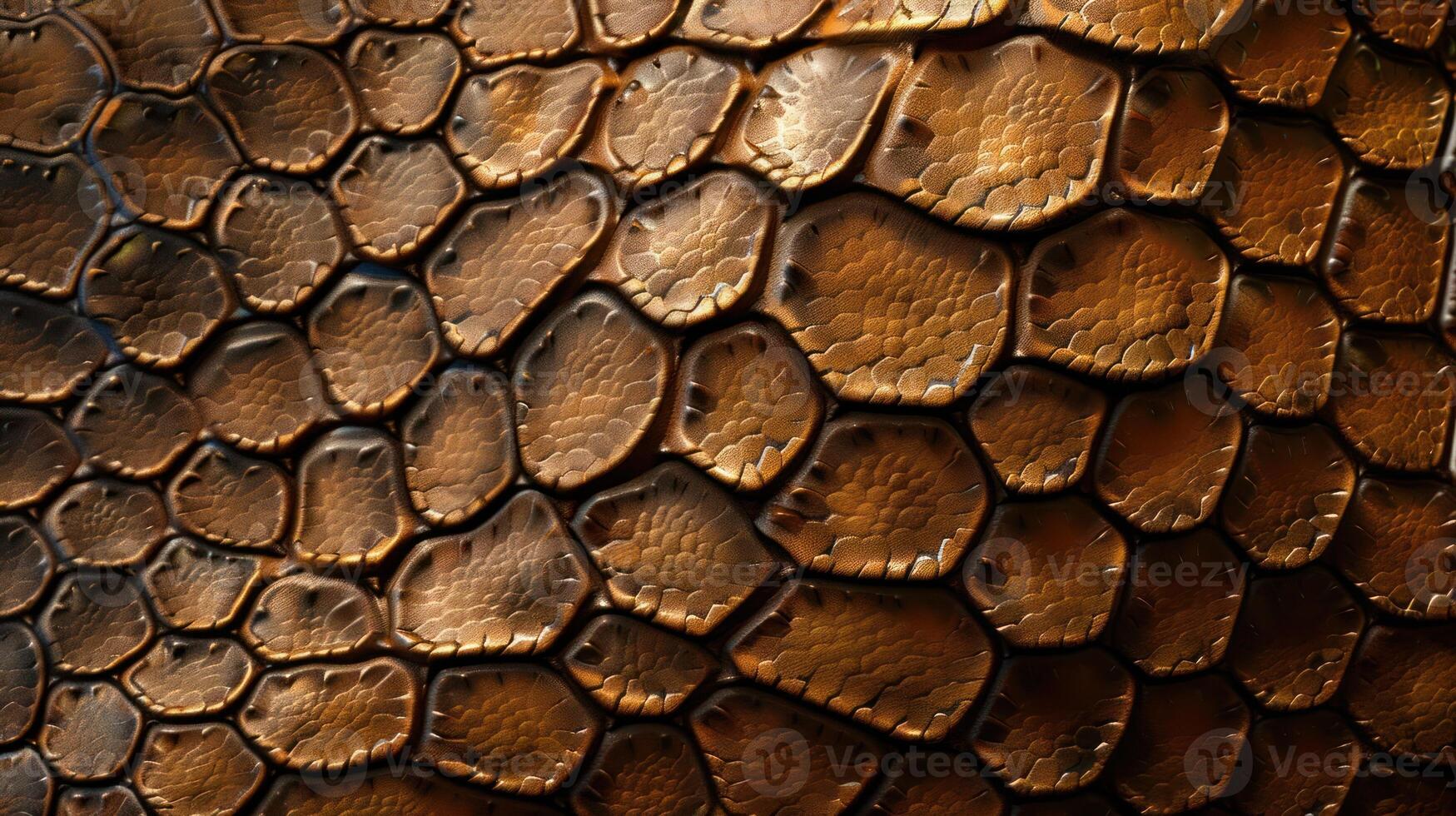 Close-up of a brown reptile's textured skin, showing overlapping scales. photo