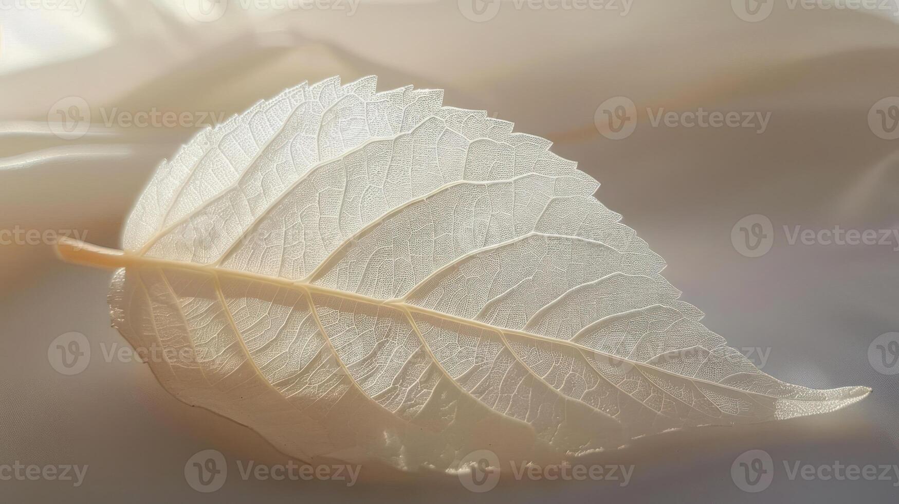 A delicate white leaf lies on a soft, white fabric, bathed in warm, natural light. photo