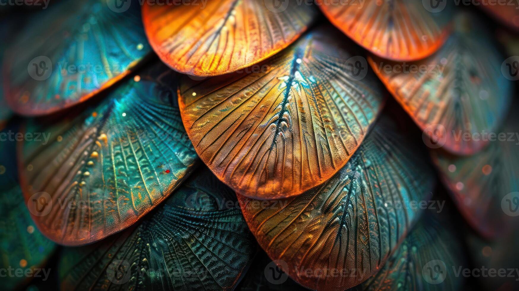 Abstract pattern of overlapping scales in blue, green, orange, and copper tones. photo