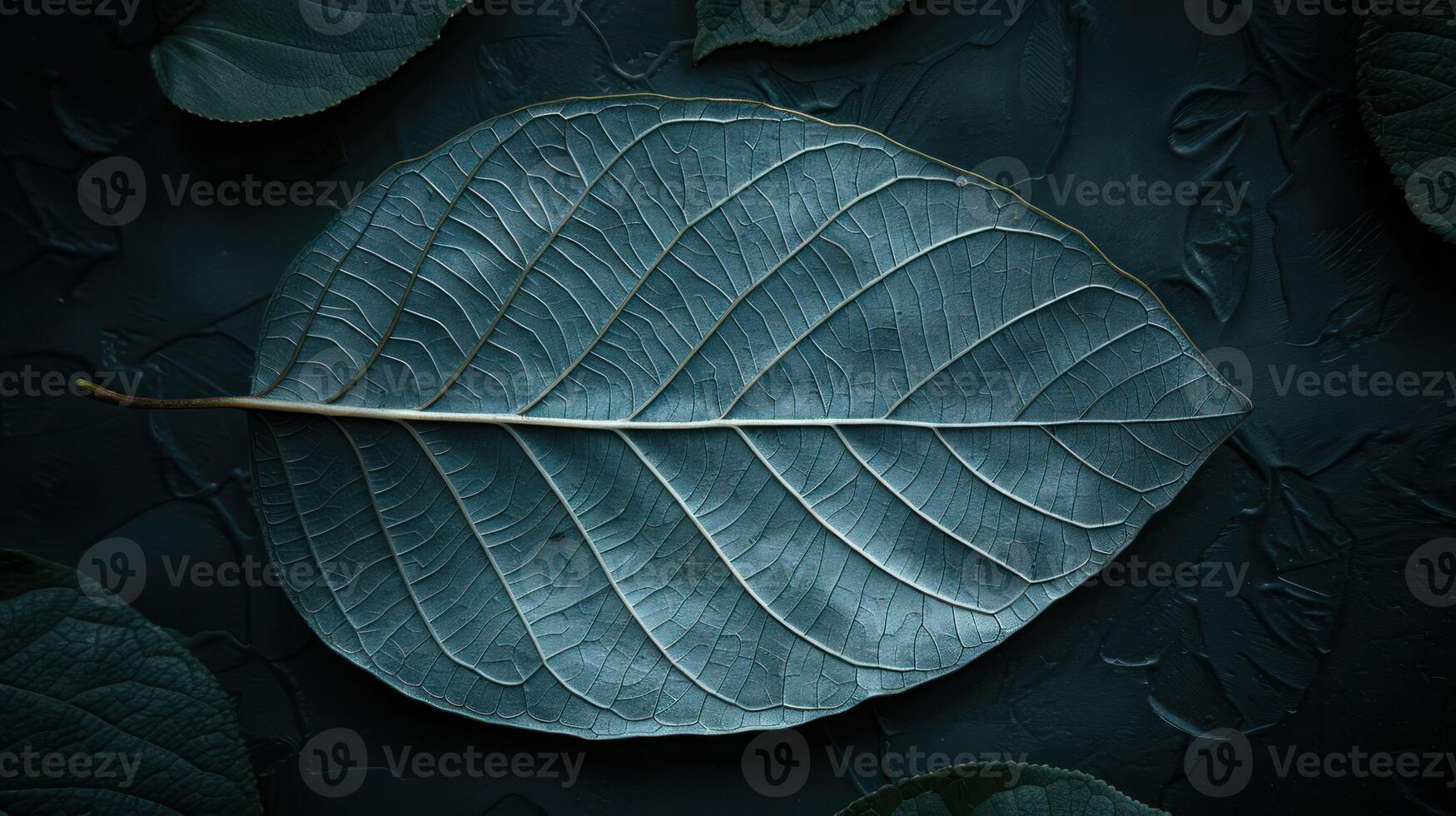 A single leaf with intricate veins rests on a dark textured background, surrounded by other leaves. photo