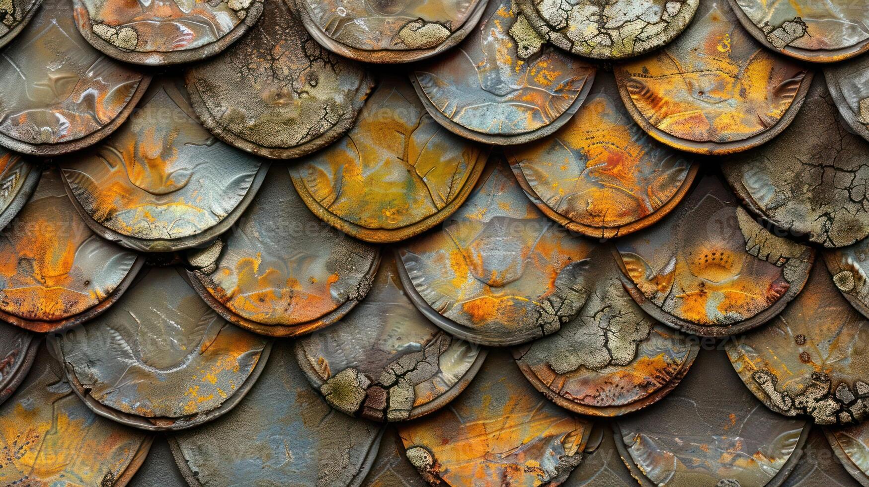 Close-up of an aged, textured, and colorful tiled roof surface with rounded, overlapping shapes forming a scaly pattern. photo