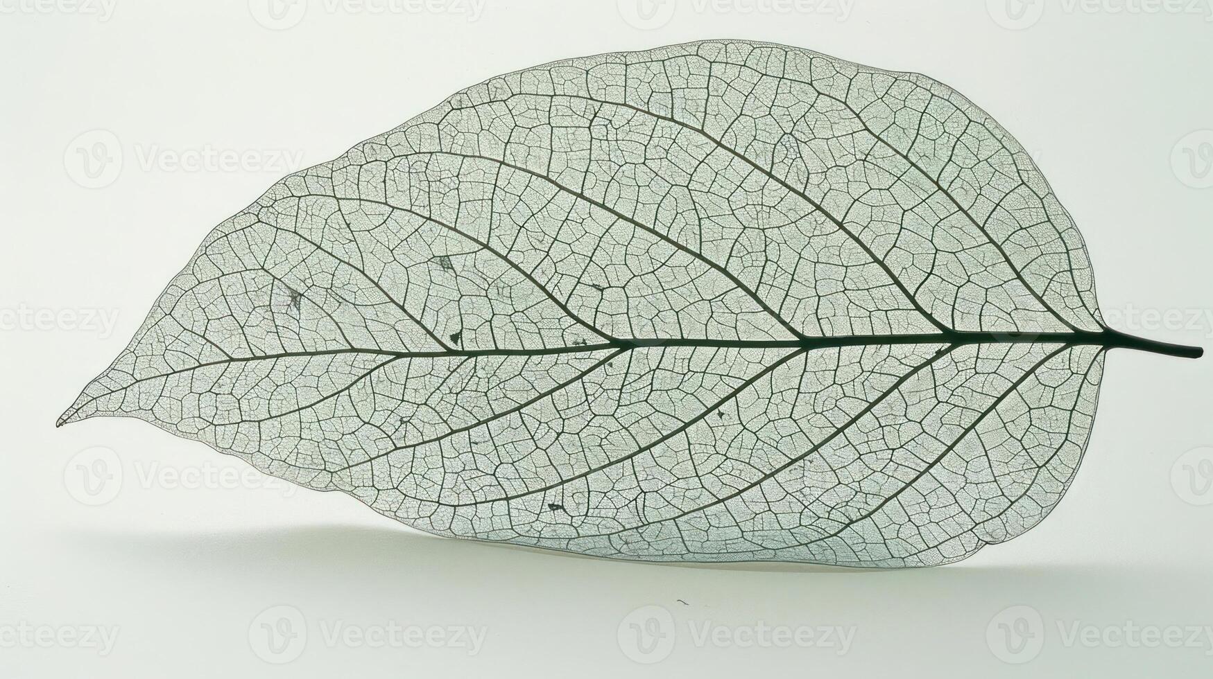 A single, delicate, translucent leaf with a prominent central vein and intricate network of veins. photo