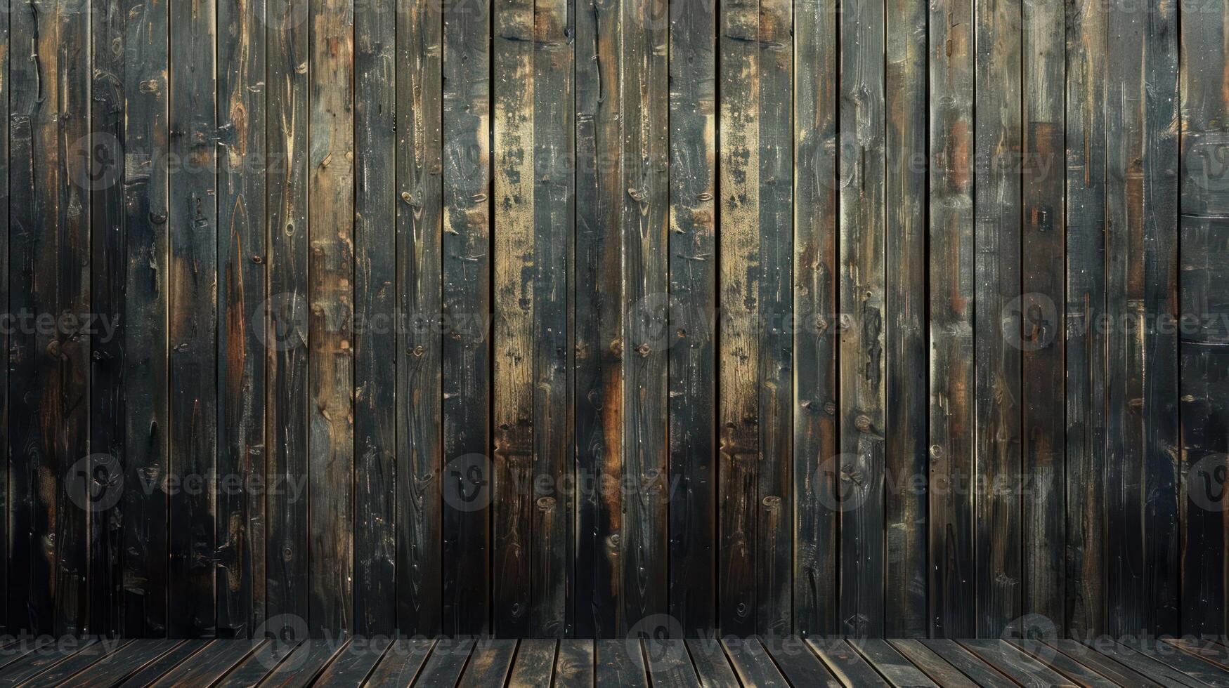 Rustic wooden wall and floor background with dark wood planks. photo