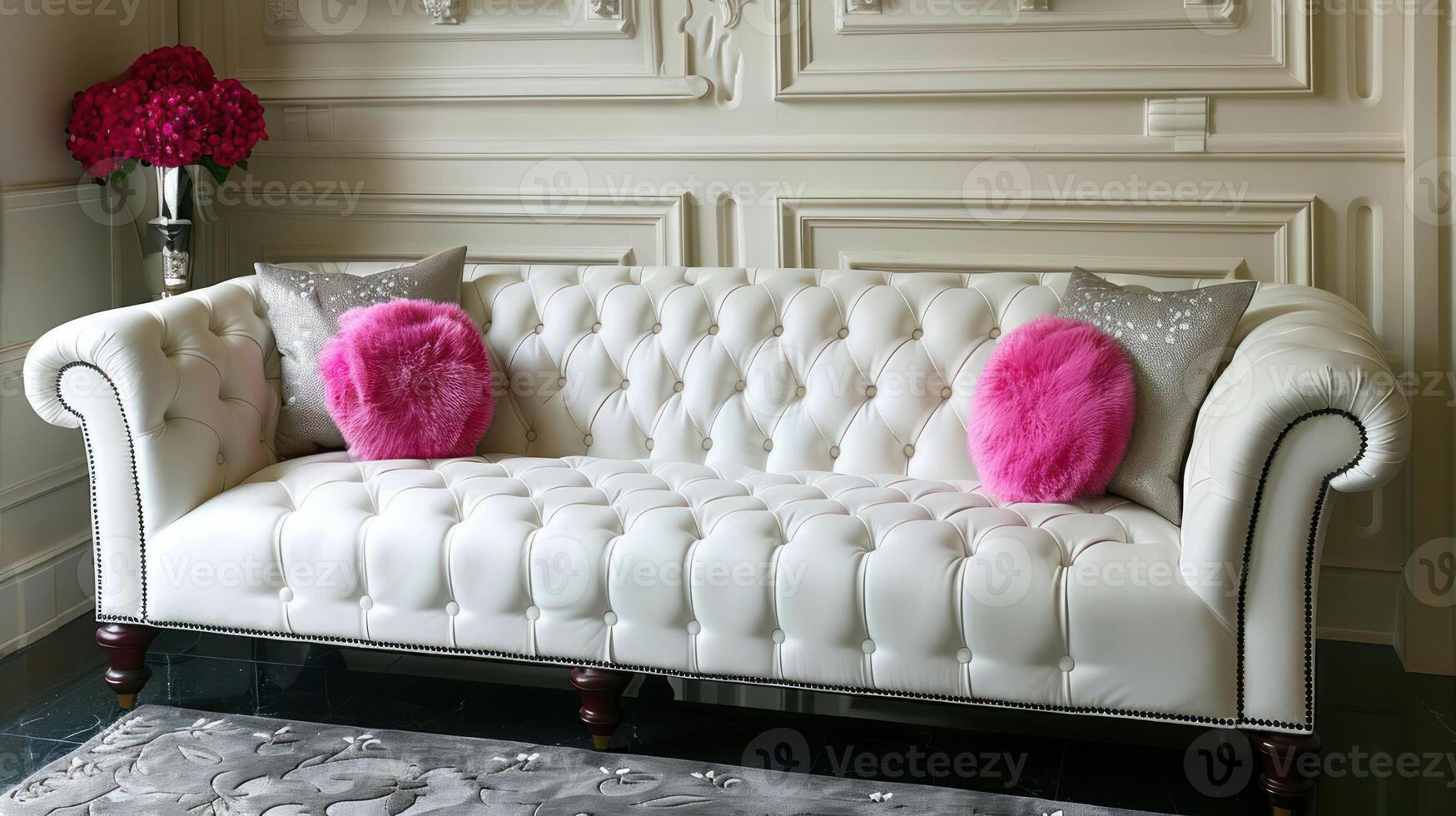 A white tufted sofa with two pink pillows and silver trim, placed in front of a white paneled wall with a gray area rug. photo