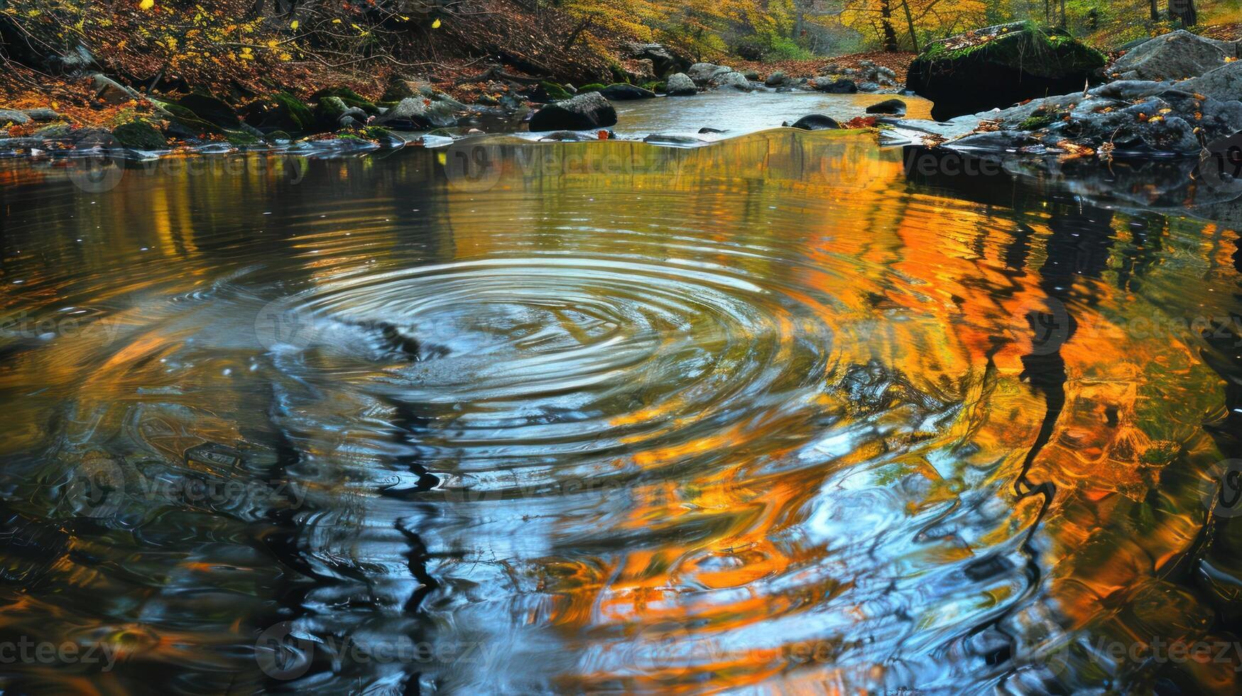 Tranquil autumn stream with ripples reflecting vibrant fall foliage. photo